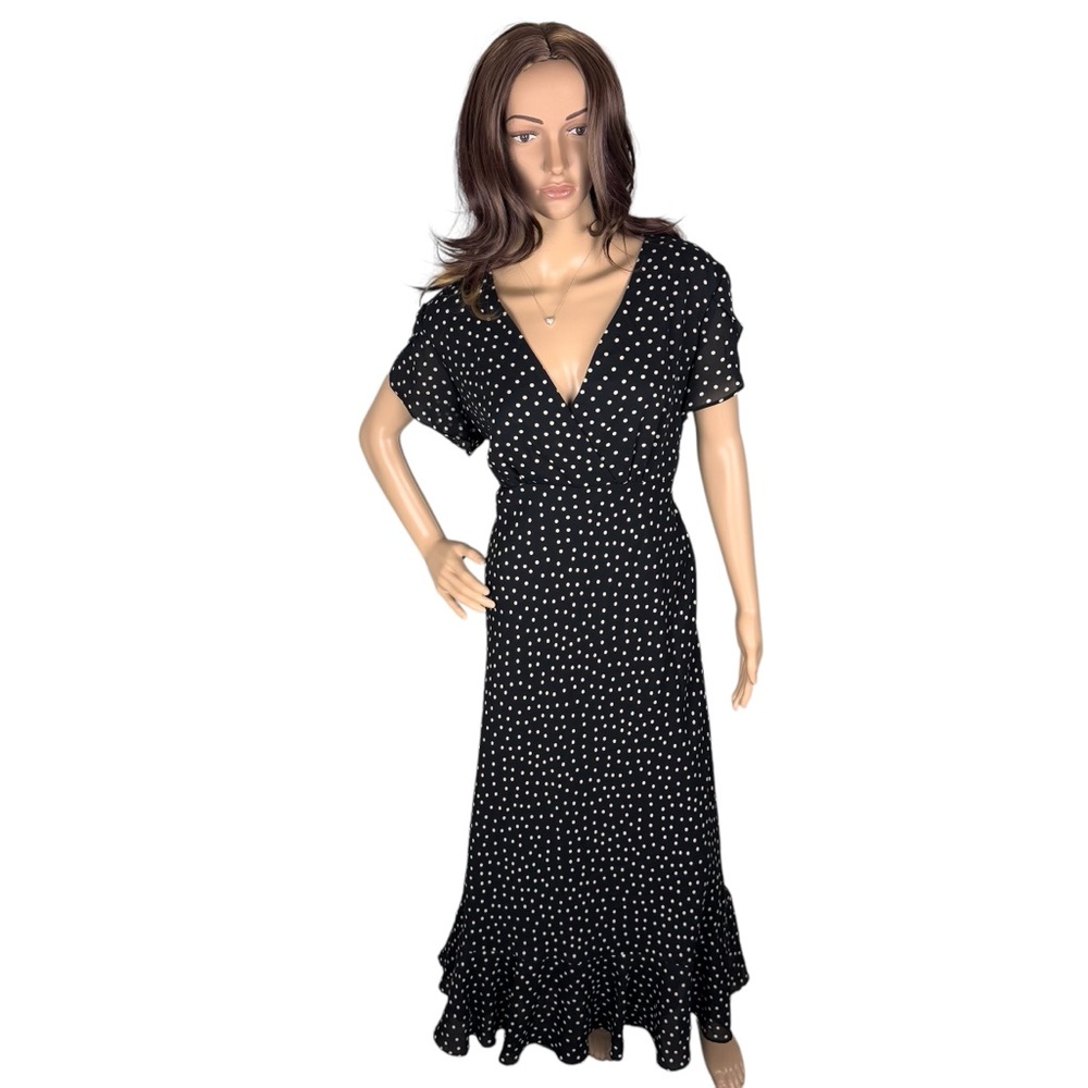 1990s VTG‎ Dani Max Black & White Polka Dot Rockabilly Maxi Dress w Ruffle Sz 14